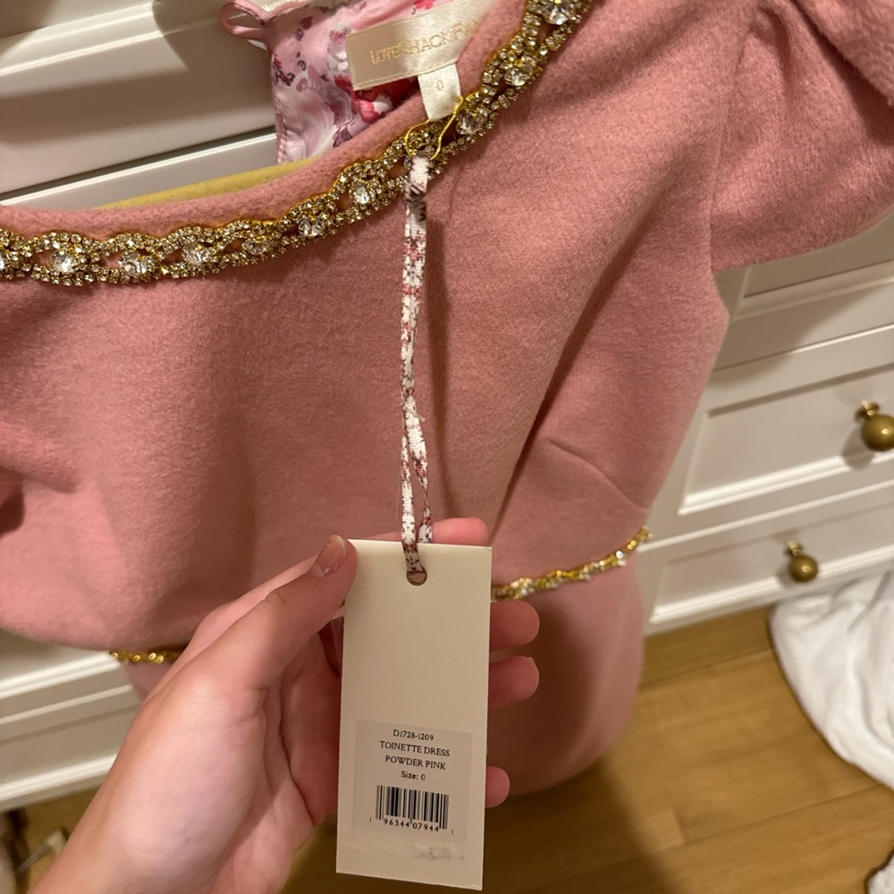 LoveShackFancy Pink Mini Dress with Gold Accents
